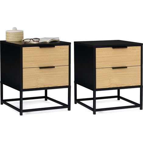 Idmarket – Lot de 2 tables de chevet noir et bois – 2 tiroirs – Design industriel – Dimensions 40x40x50 cm – Idéal pour chambre moderne (1/5)