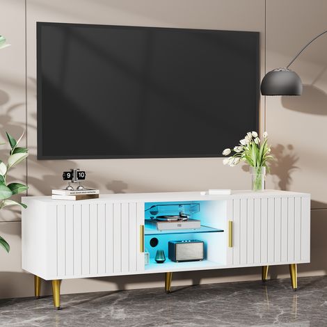 TV-Schrank mit LED 140x40x48cm 2 Türen Ablagefach goldene Beine Wohnzimmermöbel moderner Fernsehschrank herausnehmbare Trennwand weiß