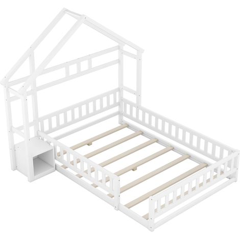 Letto bambino a casetta 140 x 200 cm con sponde e comodino in legno e MDF bianco HOMVRA (1/5)