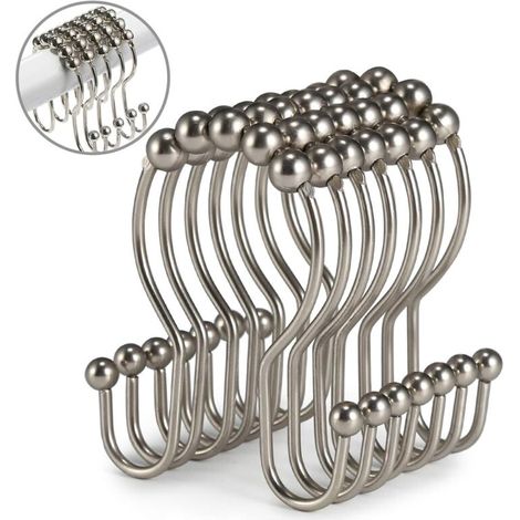 Crochets de Rideau de Douche, 12 Anneaux de Rideau de Douche, Rouleau en Acier Inoxydable Équilibre Antirouille Coulissant Anti-Chute pour Rideaux de Douche de Salle de Bain (Nickel Mat) (1/5)