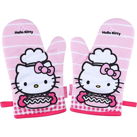 Gants de cuisine Hello Kitty avec coffret cadeau, lot de 2 gants résistants à la chaleur, motif Hello Kitty pour la pâtisserie, la cuisine, les barbecues et les grillades en extérieur. (1/4)