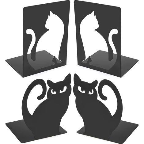 Sujetalibros metálicos con forma de gato, 2 pares, dimensiones 100×120×160 mm, antideslizantes, para uso doméstico/escolar. (1/5)