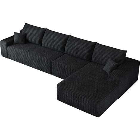 Canapé d'angle modulable 340 cm avec chaise longue en L en velours côtelé noir (1/5)