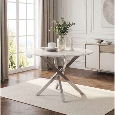 Table à manger ronde 80x80x75 cm en MDF blanc effet marbre, pieds argent, moderne FloraGrace (1/5)