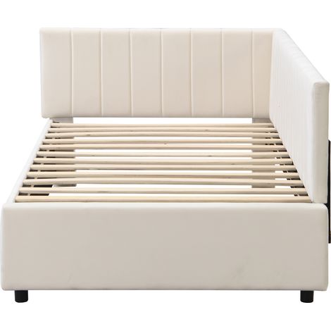 Lit banquette rembourré 90200, lit multifonction avec sommier à lattes, tissu en velours doux pour la peau beige (1/5)