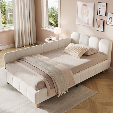Lit capitonné, lit simple, lit enfant 90 x 200 cm, avec tête de lit capitonnée et barrière de sécurité, pieds de lit en bois massif, velours, beige (1/4)