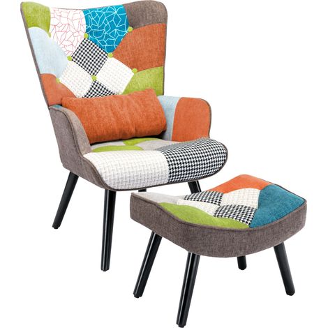 Fauteuil Salon Patchwork avec Repose Pieds en Tissu Lin Multicouleur, Fauteuil Scandinave en Bois Massif avec Support Lombaire, Lin