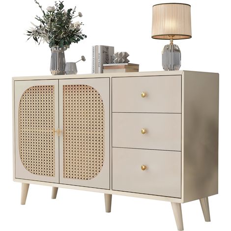 Buffet 120cm enfilade salle à manger salon rangement porte tiroir panneau latéral vanité meuble beige blanc crème (1/5)