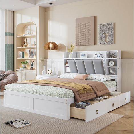 DESVIAE Lit double avec rangement étagères ouvertes trois tiroirs sur roulettes tête de lit avec porte abattante 140 x 200 cm blanc gris bois massif MDF velours (1/5)