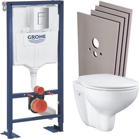 Grohe SOLIDO Pack Telaio di supporto + Vaso sospeso + Sedile WC + Set di montaggio + Piastra cromata (AUTOPORTANTE-BAU-1-SABO)