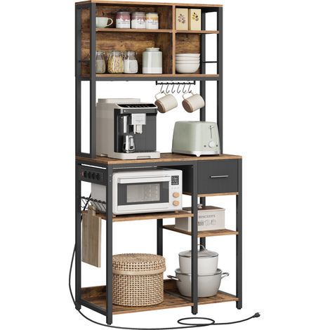 Vasagle – Étagère de cuisine marron rustique et noir d'encre – 40 x 80 x 180,4 cm – Multiprise 4 prises – 12 crochets en S – Tiroir en tissu