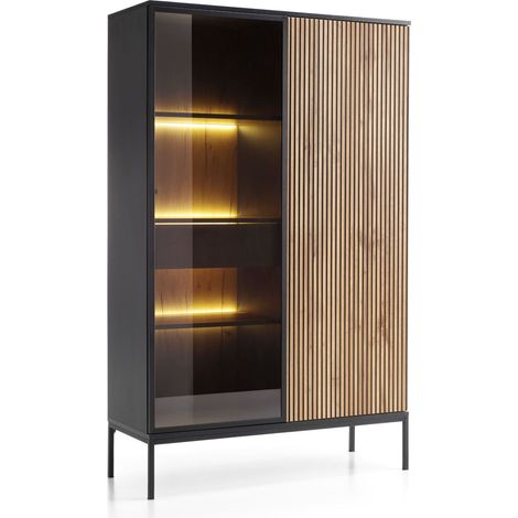 Vitrinenschrank 104 cm Haller - Vitrine mit Glastür & Schublade - Lamellen, LED-Beleuchtung - Loft Stil (Wotan Eiche / Schwarz) (1/5)