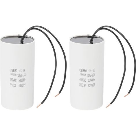 Condensateur de marche CBB60 120uF, 2 condensateurs de marche avec 2 fils, moteur de démarrage AC 450V avec fréquence de 50Hz/60Hz, adapté aux compresseurs d'air et pompes, blanc (1/5)