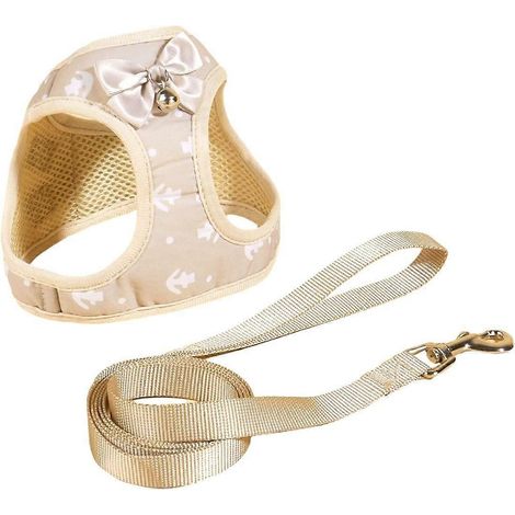 Harnais pour chien mignon avec laisse et clochette, motif nœud papillon, pour chiots et chats de petite et moyenne taille, beige, taille L. (1/3)