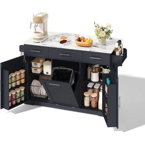 Ilot cuisine mobile 136×50(75)×92cm,avec plateau de rangement,3 tiroirs,2 tablettes de porte,placard poubelle,chariot de cuisine sur roulettes,Gris (1/5)