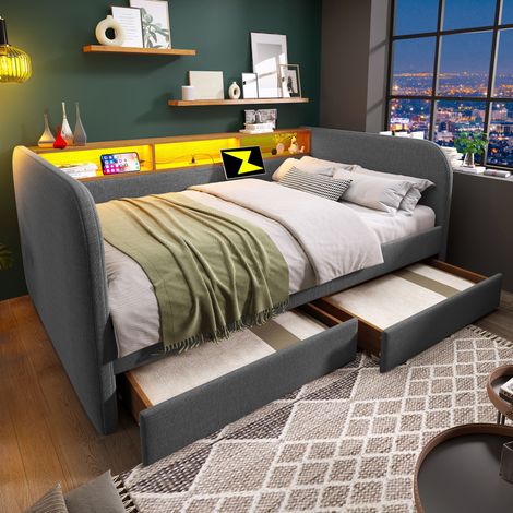 Lit Banquette 140x190 cm Gris en Lin avec Tête de Lit LED et USB-C, 2 Tiroirs de Rangement, Design Courbé Moderne, Sommier à Lattes - (Sans Matelas) (1/5)