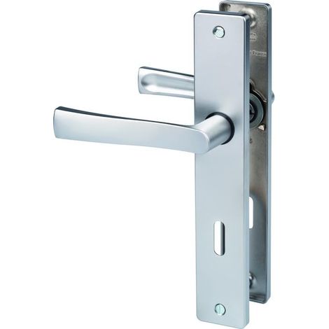 Poignée de Porte sur Grande Plaque FLEX - Version Cle L pour Porte de Chambre/Bureau, Entraxe 195 mm - Système de Pose Facile - en Zamak Résistant - Finition Chrome Satin (1/2)