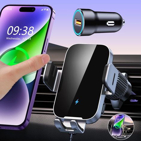 Supporto per telefono da auto wireless ISEYOU, 15 W [morsetto automatico] Caricabatterie wireless per auto con adattatore di ricarica rapida QC 3.0 compatibile con iPhone 17 16 15 Pro Max, Galaxy S25/ (1/5)