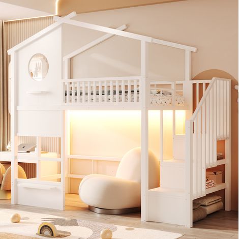 Letto a soppalco 90/200 cm bianco in metallo con LED, scala contenitore e design a casetta (1/5)