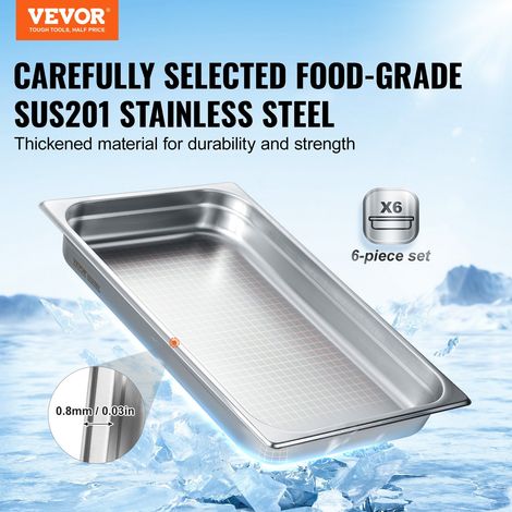 Bac Gastronorme GN 1/1 Lot de 6, Récipient Inox pour Bain-marie 0,8 mm d'Épaisseur, Bac Inox Alimentaire 6,7 cm Profondeur, pour Fo… (1/5)