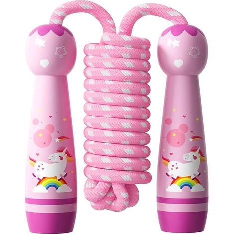 Corde à Sauter Enfant - Corde Tressée en Coton Réglable avec Poignées en Bois Naturel - Pour Activité Physique Extérieure ou Intérieure - 1 Pièce (1/5)