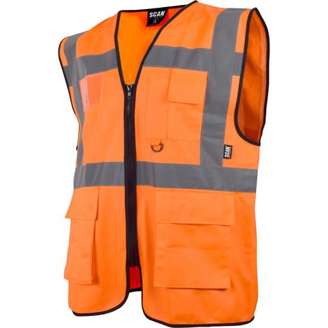 High-Visibility Orange Utility Waistcoat with Reflective Strips, Size Large (44-inch)