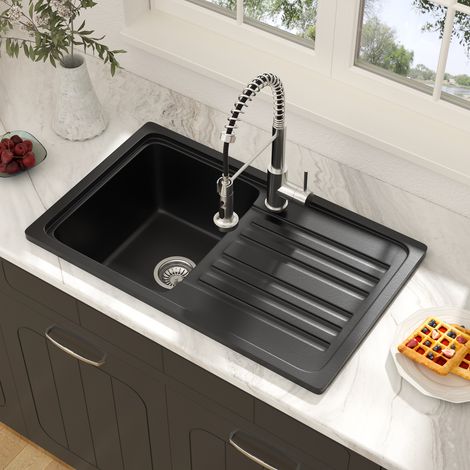 Geworzi Évier à encastrer granit 1 bac – Résistant aux chocs et rayures – Surface lisse facile d'entretien 76x46 cm