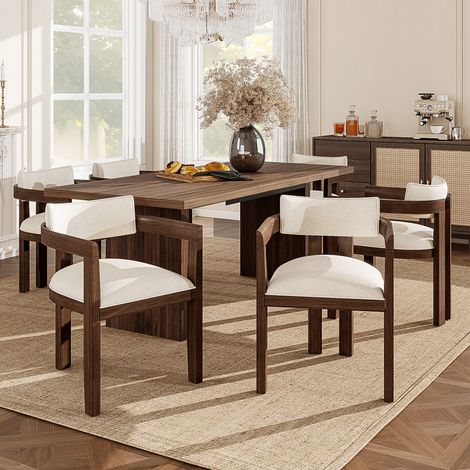 Lot de 6 chaises en bois massif avec accoudoirs - structure en bois massif - revêtement en lin - marron (1/5)