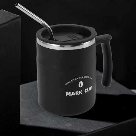 Edelstahlbecher mit Strohhalm und Deckel, ideal für Büro und Zuhause, für Kaffee, Frühstück oder romantische Stunden zu zweit. Schwarz. (1/5)