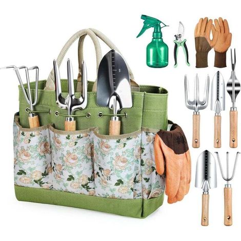YMYNY Outils Jardinage, 9 pièces Ensemble de Jardinage en Acier Inoxydable avec XL Sac de Rangement, Arrosoir, Gants de, Cadeaux de kit Jardinage adulte pour Homme et Femme