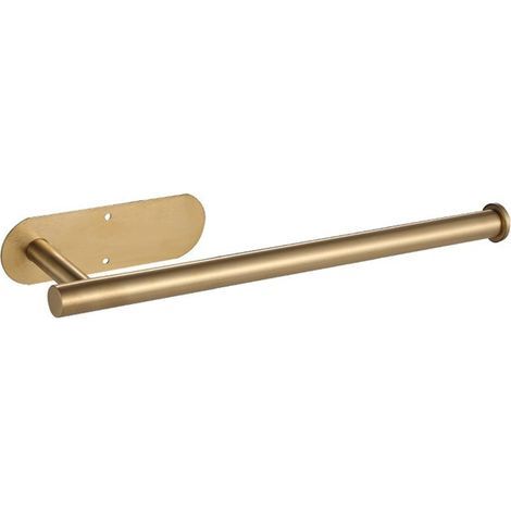 Portarotolo di carta igienica in acciaio inox color oro, lungo 34 cm, per bagno o cucina, da parete, si fissa con colla senza bisogno di forare, 1 pezzo. (1/5)