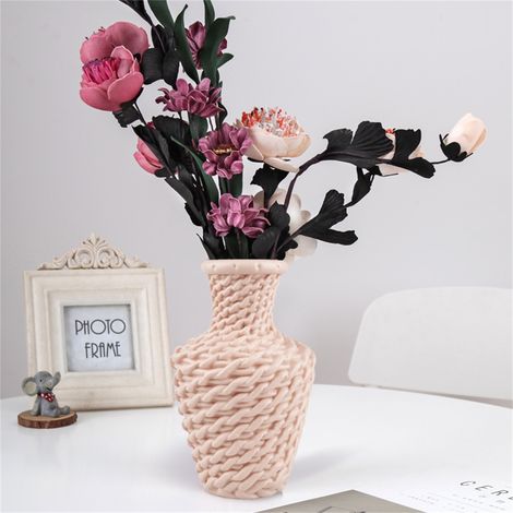 Lot en résine tressé rose, vase imitation rotin, style scandinave, pour fleurs fraîches et séchées, décoration florale moderne, 1 pièce. (1/2)