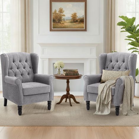 Fauteuil Vintage Mi-Siècle Lot de 2, Fauteuil à Oreilles Rembourré avec Capitonnage Boutonné, Housse en Tissu et Pieds en Bois Massif pour Salon, Bureau, Café - Gris Clair (1/5)