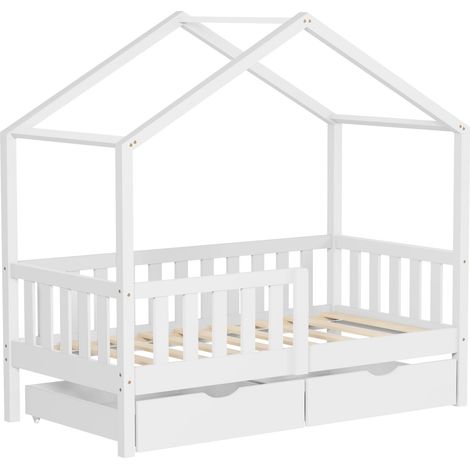 ML-Design Letto Casetta per Bambini 70x140 cm in Legno di Pino Bianco con Barriera, 2 Cassetti Contenitore e Rete a Doghe, Lettino Montessori a Pavimento, Letto Singolo per Bimbi