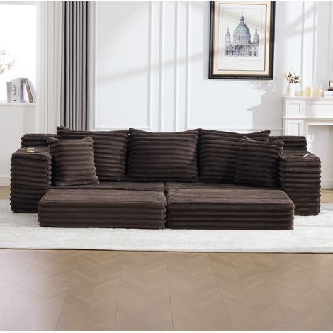 Sofá cama 273x98x87 cm café en pana con respaldo alto, cojines, bolsillos laterales y portavasos (1/5)
