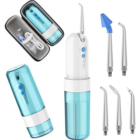 Irrigateur Buccal, Irrigateur Dentaire Portable USB Rechargeable Électrique sans fil, Étanche IPX7, Irrigateur Oral de 150 ml avec 5 Buses et un Embout Nasal, Bleu/Blanc (1/5)