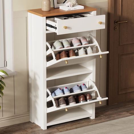 Scarpiera 50 x 25 x 95 cm per ingresso - Mobile porta scarpe con 2 ante a ribalta e 1 cassetto - Stile moderno in mdf - Bianco e legno naturale (1/5)