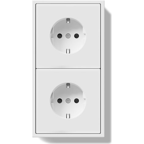 Prise Schuko encastrée standard UE - Double prise murale avec cadre en polycarbonate - 80 x 150 mm - Prise avec griffes - Prise avec pince à ressort - Installation facile - 2 prises - Blanc (1/5)
