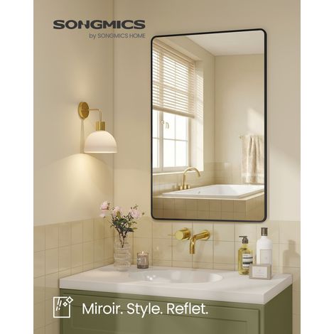 Miroir Salle de Bain, Miroir Mural Rectangulaire, Cadre en Aluminium, 110 x 70 cm, avec Film de Sécurité, 2 Options de Suspension, pour Salon, Chambre, Salle de Bain, Noir d’Encre (1/5)