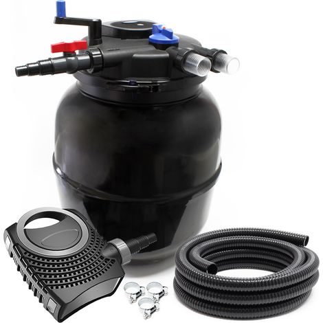 SunSun Komplettset: CPF-50000 Teichdruckfilter Moving Bed bis 13000L, 55W UV-C Teichklärer, NEO10000 SuperECO Teichpumpe 10000l/h 80W, 10m Teichschlauch 38 mm (1 1/2"), Schlauchschellen W1 44-47mm