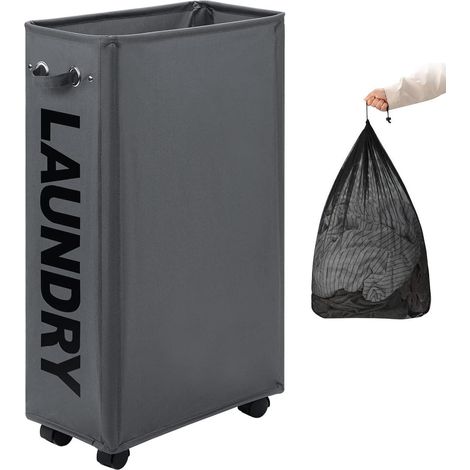 Schmaler Wäschekorb mit Rollen und abnehmbarem Beutel, 70L, Dunkelgrau (1/5)