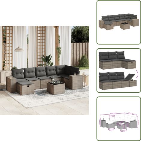 The Living Store Salon de jardin 8 pcs avec coussins gris résine tressée - Ensemble Salon De Jardin - Mobilier De Jardin - Canapé D'extérieur - Set De Salon - Chaise Longue