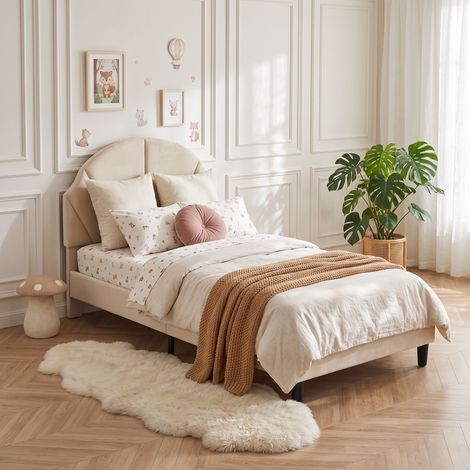 Lit Simple 90x190 cm, Lit Rembourré, Lit Enfant Fille avec Sommier à Lattes en Bois, Tête de Lit, Cadre de Lit Plateforme, Beige