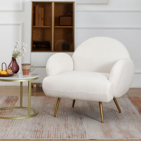 Fauteuil de Salon Crème en Tissu Bouclette, Fauteuil Confortable à Accoudoirs, Pieds en Métal Doré, Fauteuil de Lecture Moderne pour Chambre (1/5)