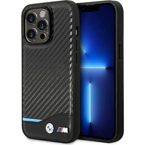 BMW Leder Carbon Blue Line - iPhone 14 Pro Hülle (Schwarz) (1/5)