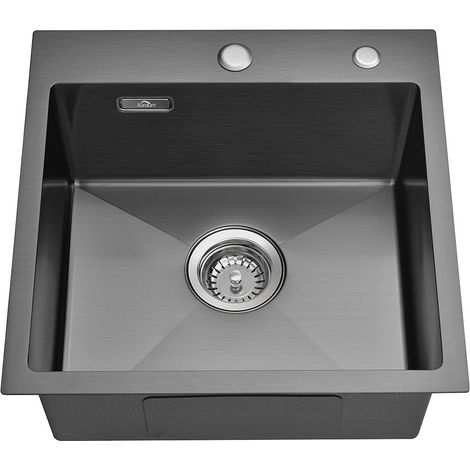 Auralum Fregadero Cocina 1 Seno 45 x 45 cm, Fregadero de Acero Inoxidable, Fregadero Enrasado o Sobre Encimera con juego de rebosadero y desagüe