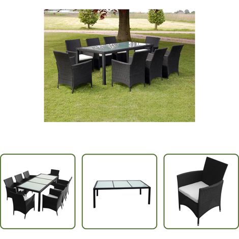 Rattanmöbel - 9-tlg. Garten-Essgruppe mit Auflagen Poly Rattan Schwarz (1/5)