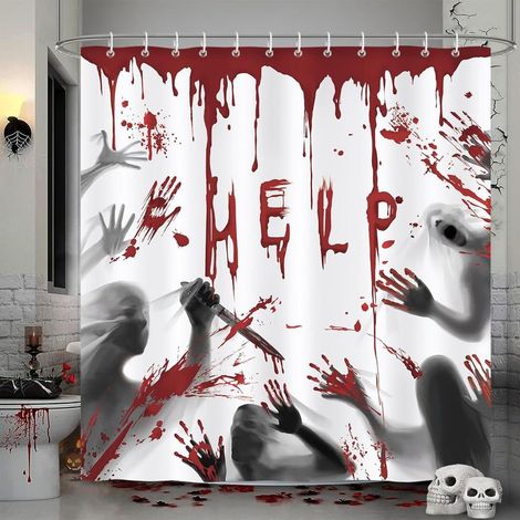 Rideau de douche Halloween en 2 pièces, motif empreinte de main ensanglantée, en polyester résistant à la moisissure, imperméable et lavable, 180 x 180 cm, avec 24 crochets pour baignoire. (1/5)
