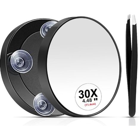 Miroir grossissant cosmétique à ventouse - Miroir de maquillage - Mini miroir portable - Loupe haute définition x30 - Miroir de voyage - Pince à épiler incluse - Noir (1/5)
