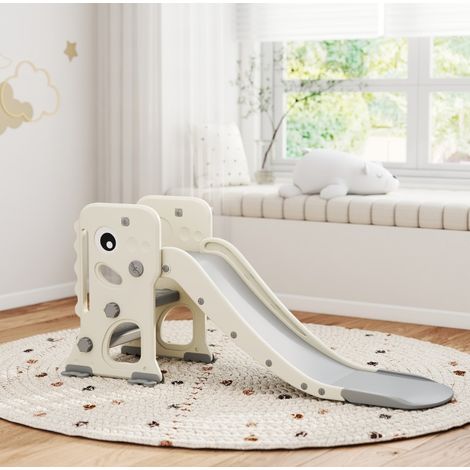 Toboggan pour enfant 3-en-1 avec cadre d'escalade, panier de basket, pliable, ivoire HAVRYA (1/3)